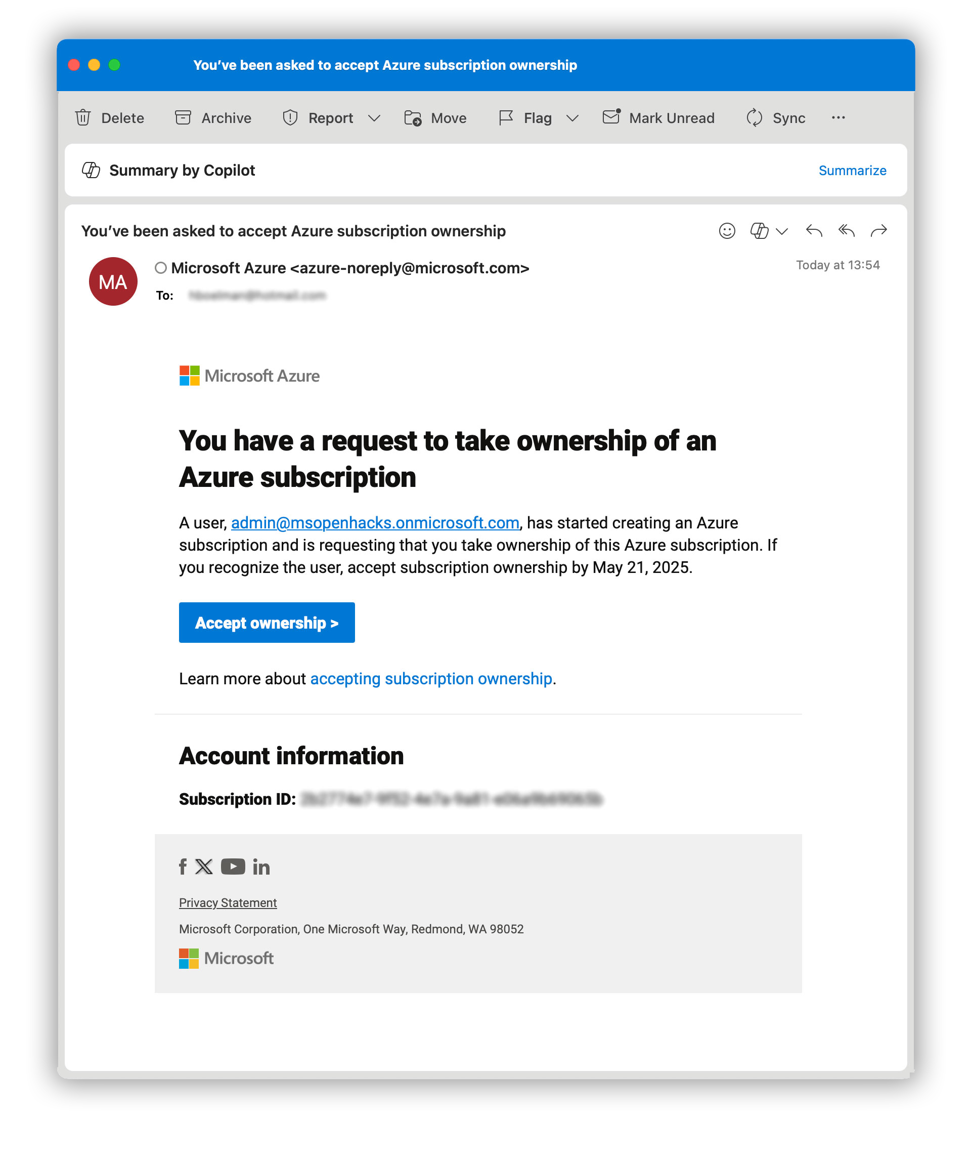 You have a request to take ownership of an Azure subscription
